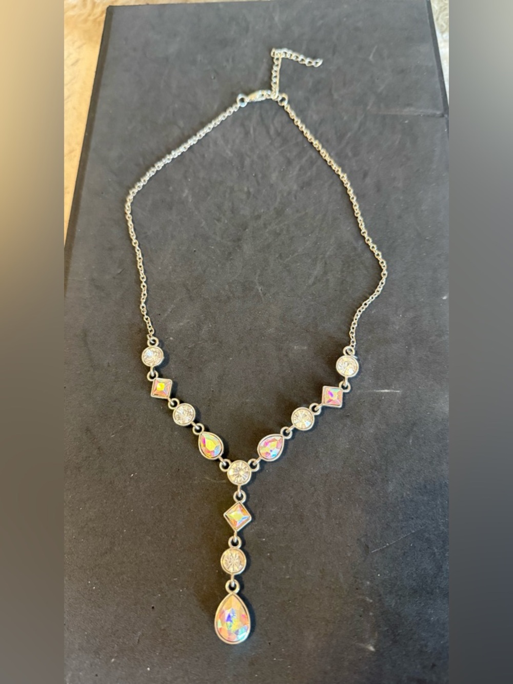 Silver Iridescent Teardrop Y Necklace